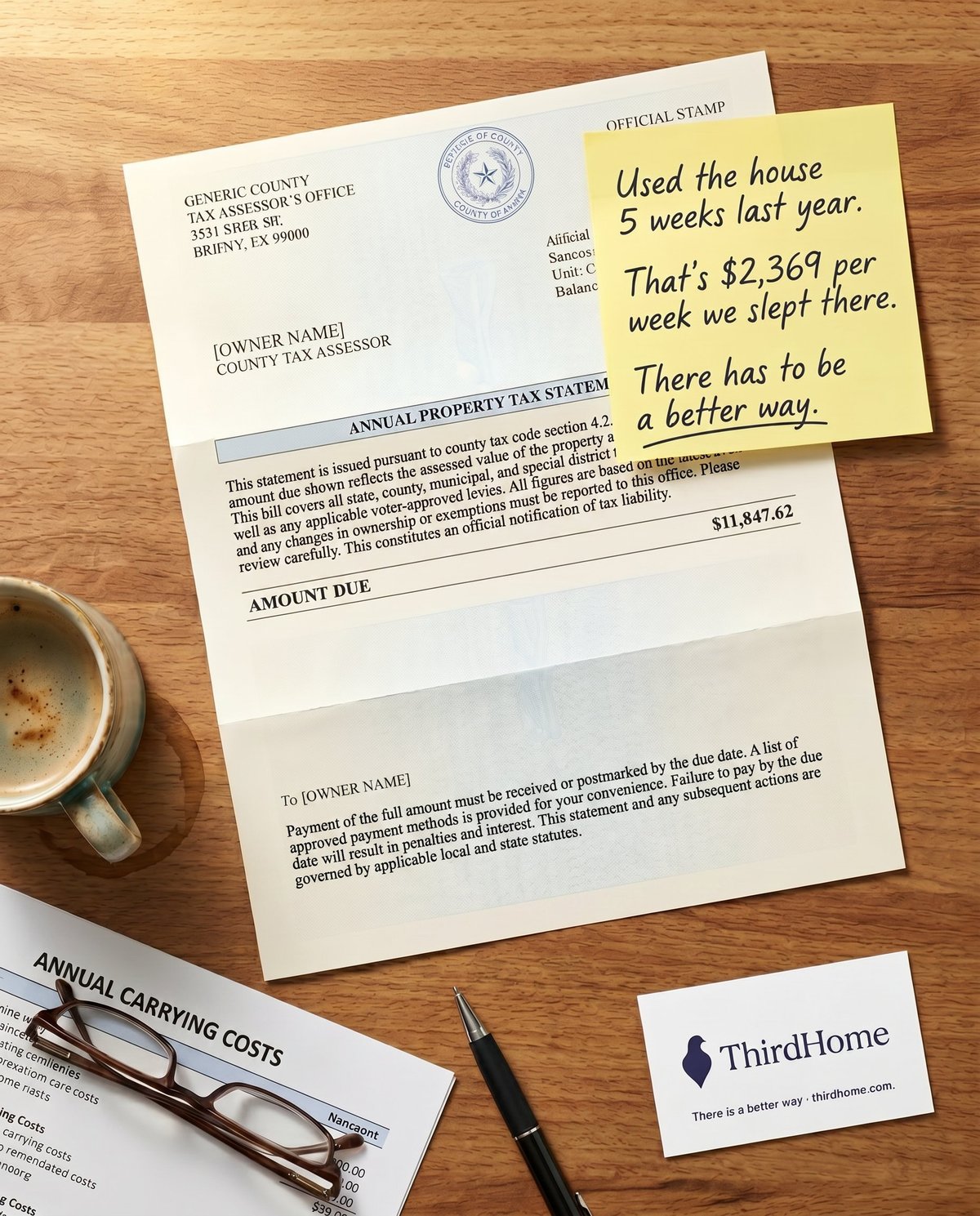Empty-Nest pattern interrupt — property tax bill with sticky note