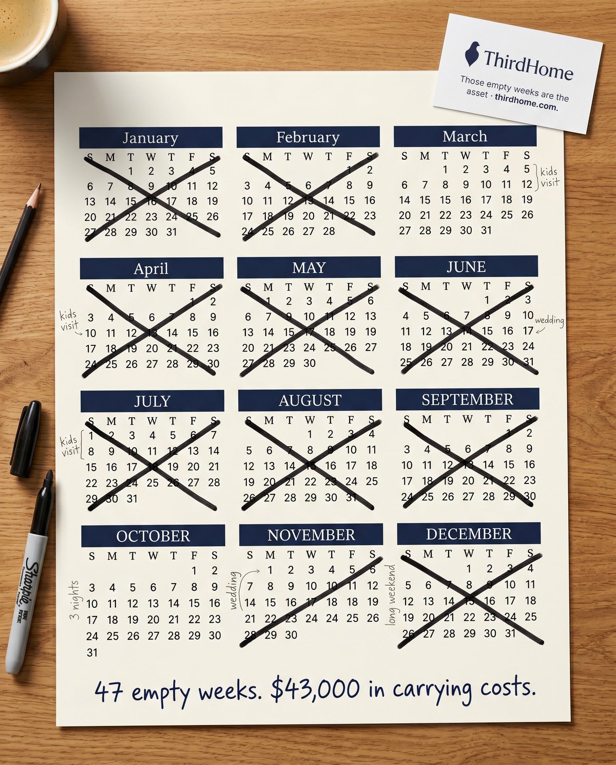 Empty-Nest pattern interrupt — calendar with most weeks crossed out