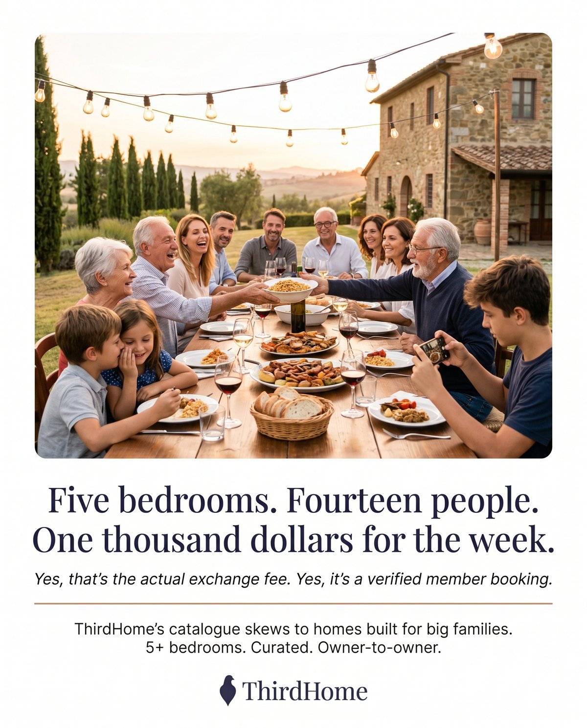 Multi-Gen luxury ad — three-generation family dinner in Tuscany